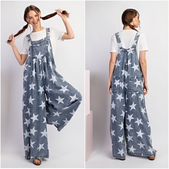Mineral Wash Tencel Star Print Wide Leg Overalls - Picture 3 of 5